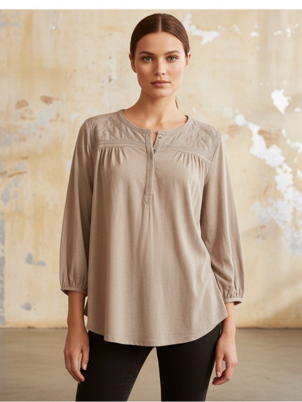 Lucky Brand Taupe Embroidered Henley Top Blouse, Plus Size 2X, NWT